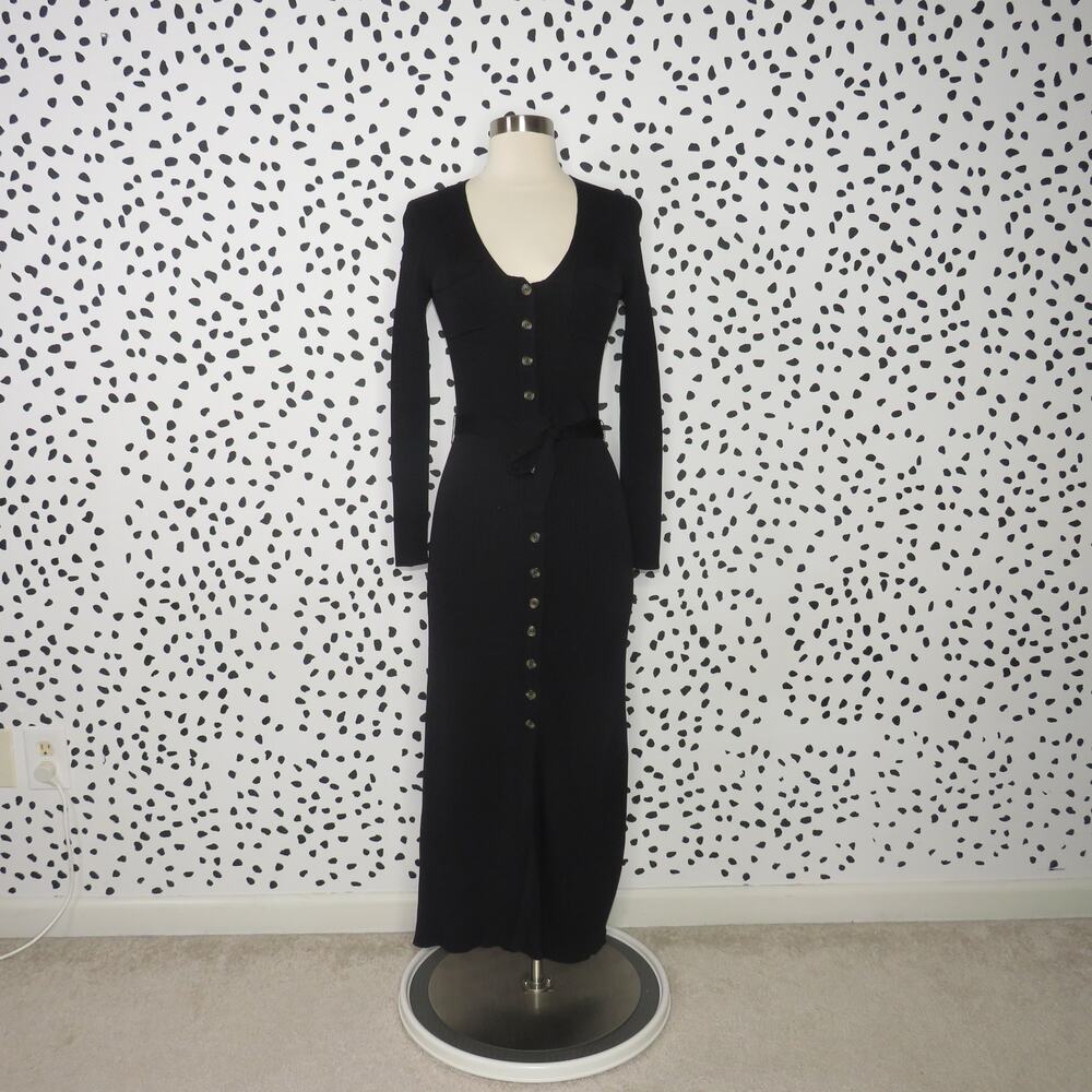 Zara Black Ribbed Knit Button Front Midi Pocket Dress - Picture 3 of 12
